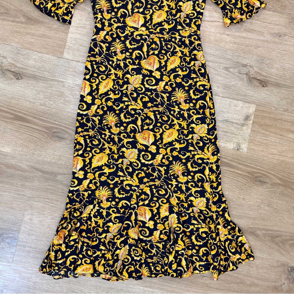 RHODE Felix Dress Black Yellow Gold Patterned Flare Midi - Picture 8 of 14